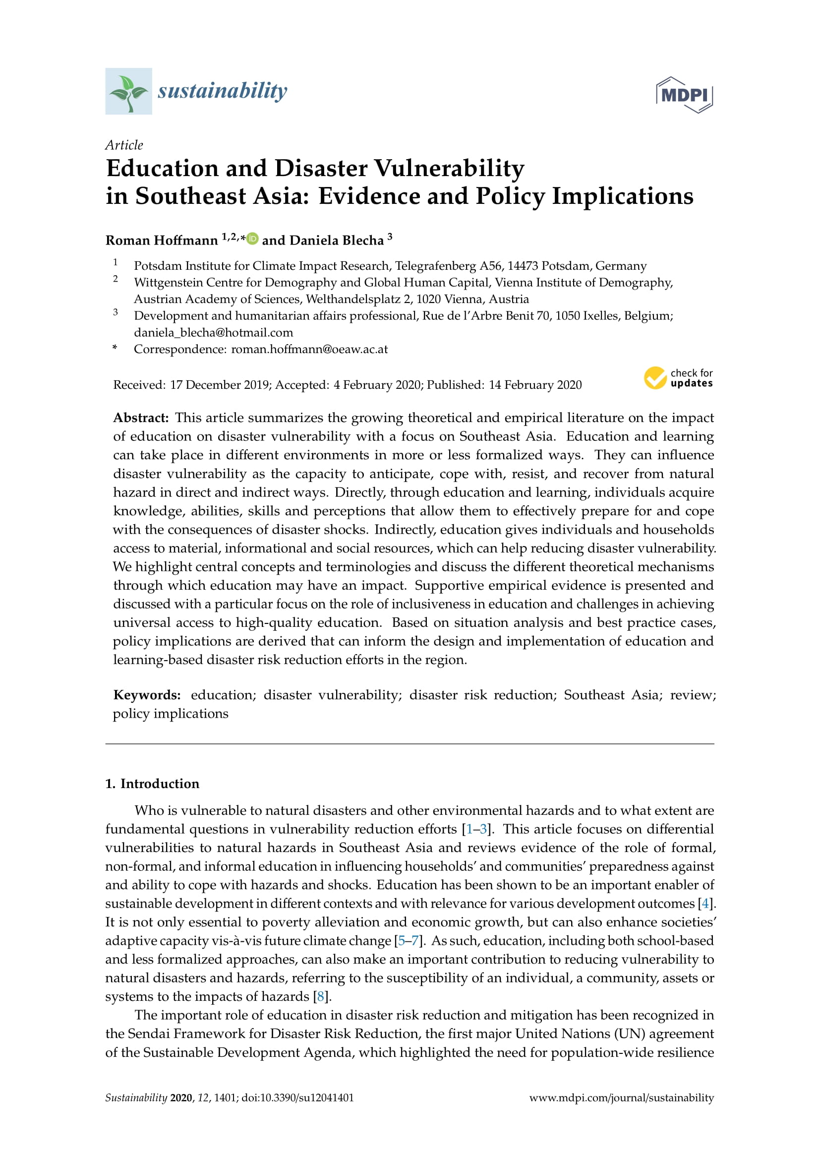 Education and disaster vulnerability in Southeast Asia Evidence and policy implications