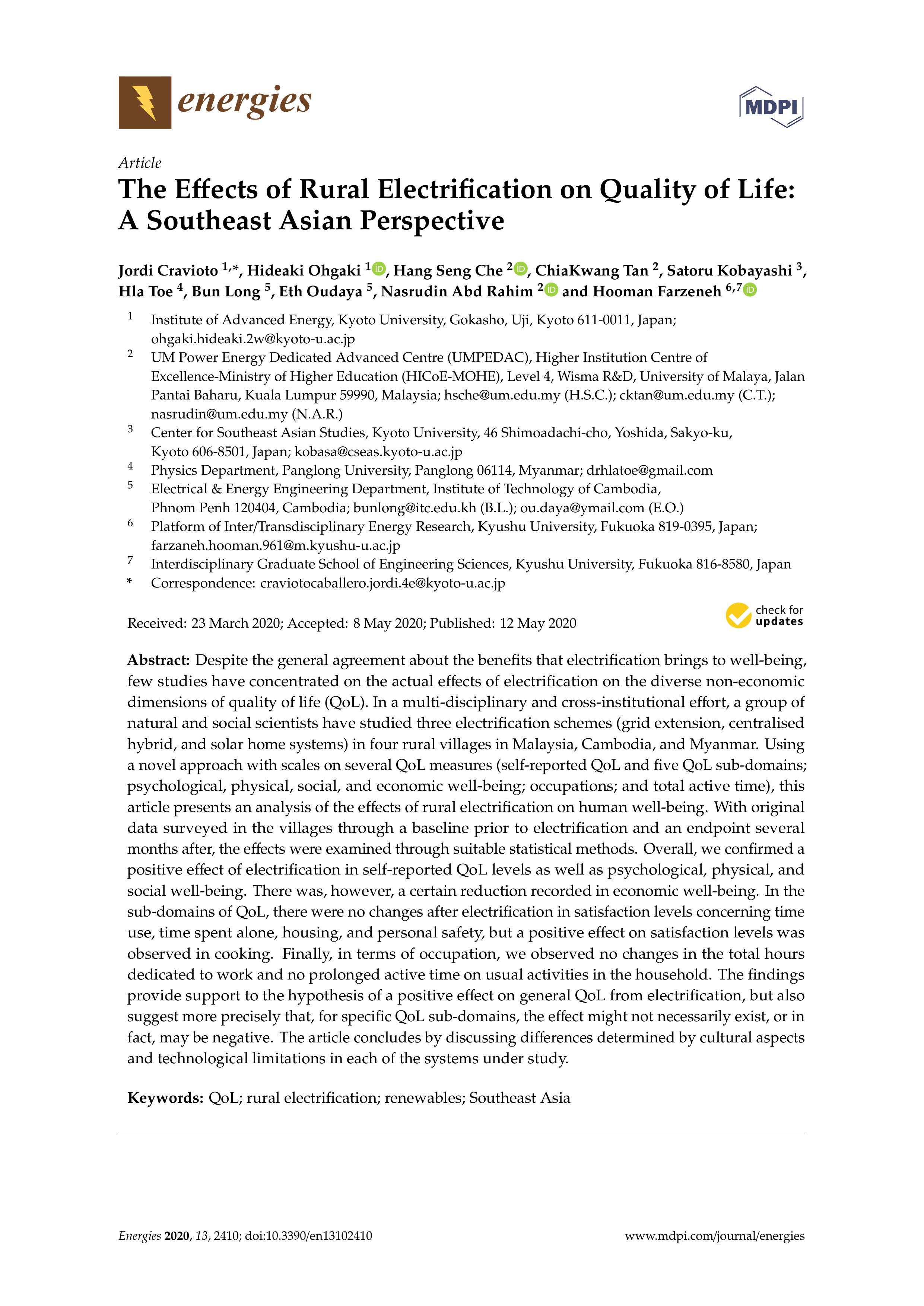 The effects of rural electrification on quality of life: A Southeast Asian perspective 