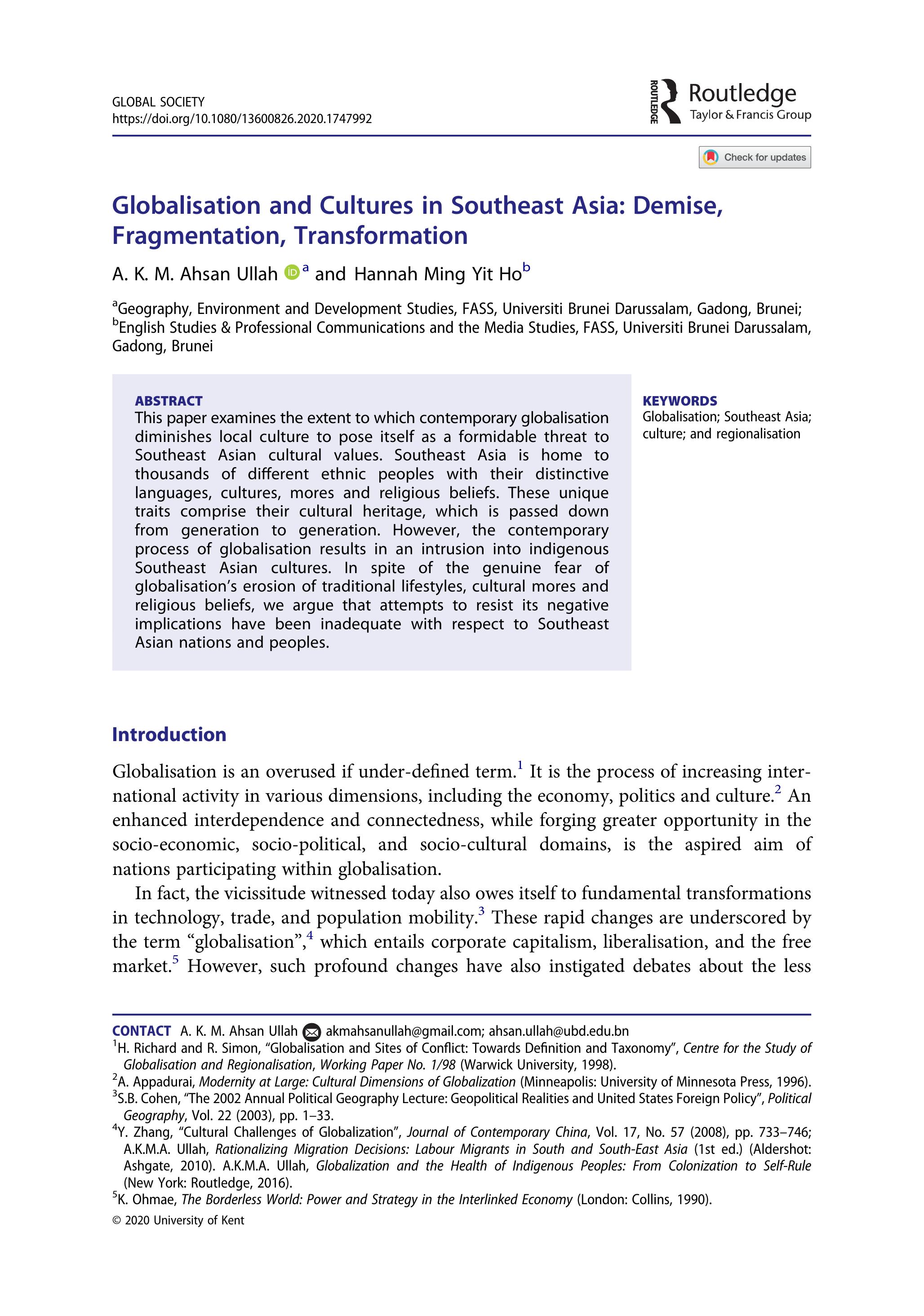 Globalisation and cultures in Southeast Asia: Demise, Fragmentation, Transformation 