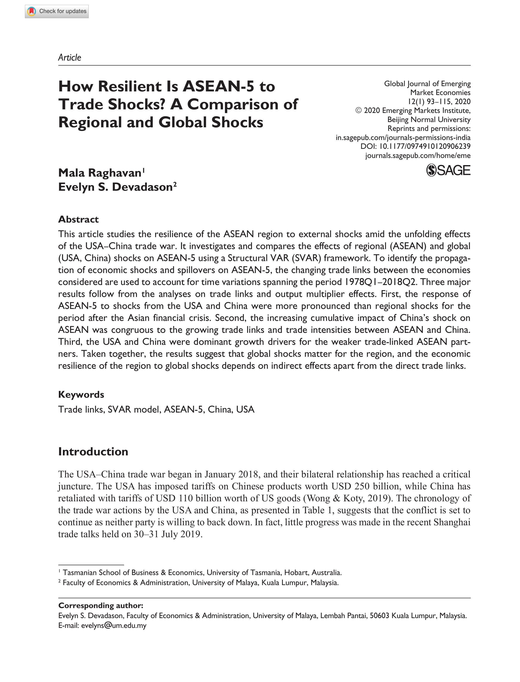 How resilient is ASEAN-5 to trade shocks? A comparison of regional and global shocks 