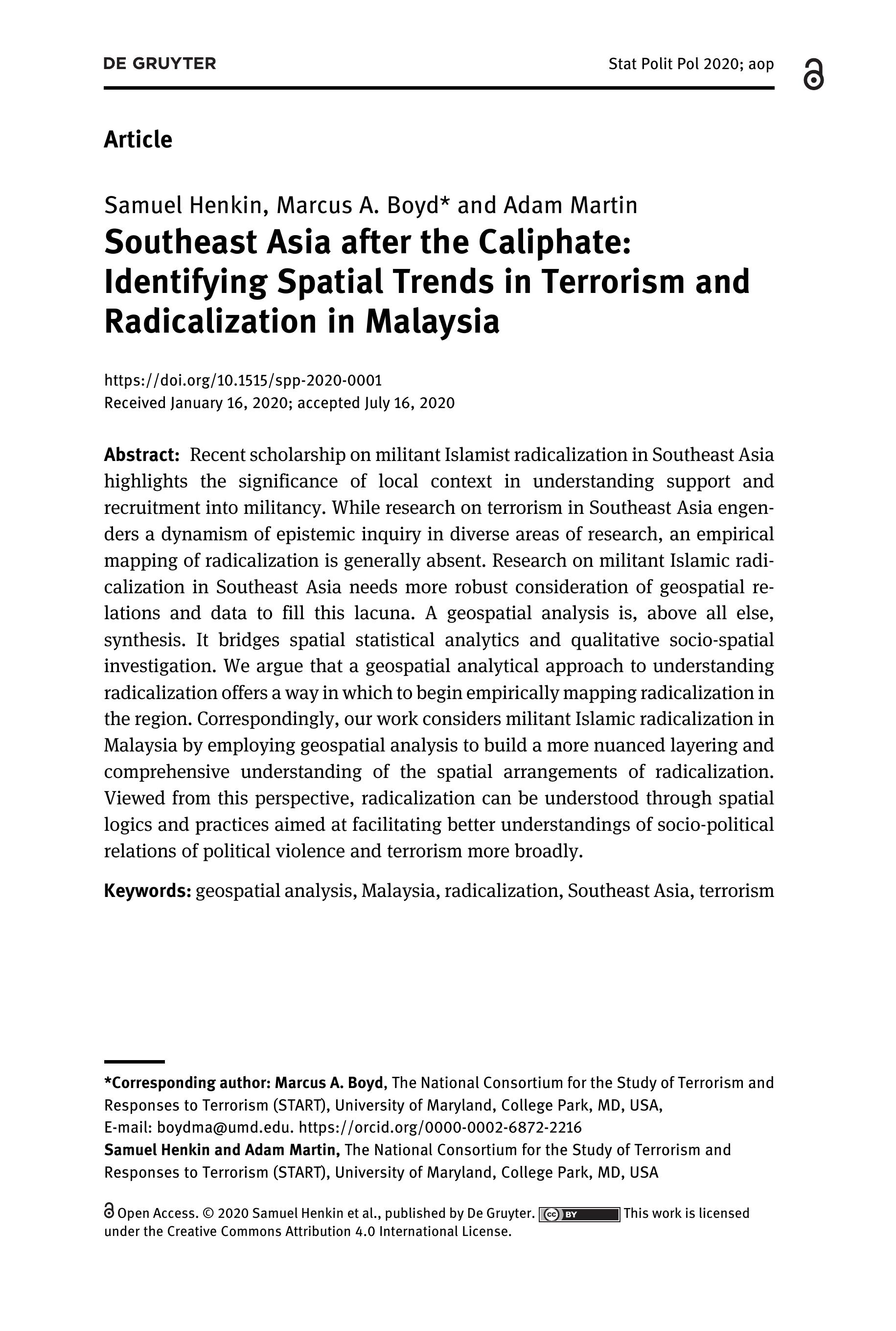 Southeast Asia after the caliphate: Indentifying spatial trends in terrorism and radicalization in Malaysia 