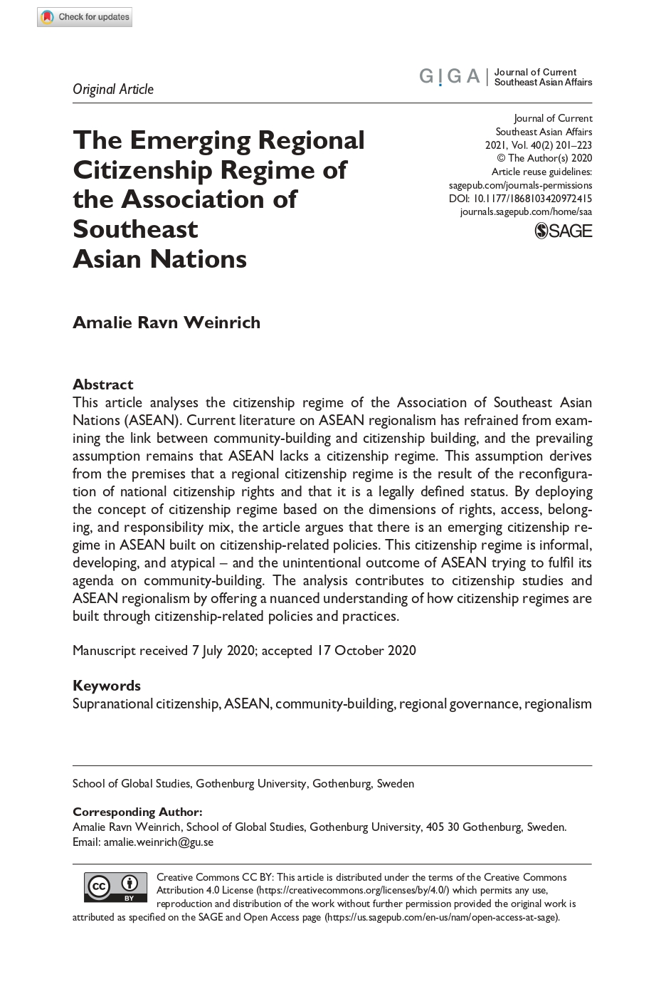 The emerging regional citizenship regime of the assosiation of Southeast Asian Nations 